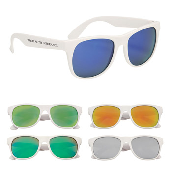 Five white sunglasses with logo showing different lens color options